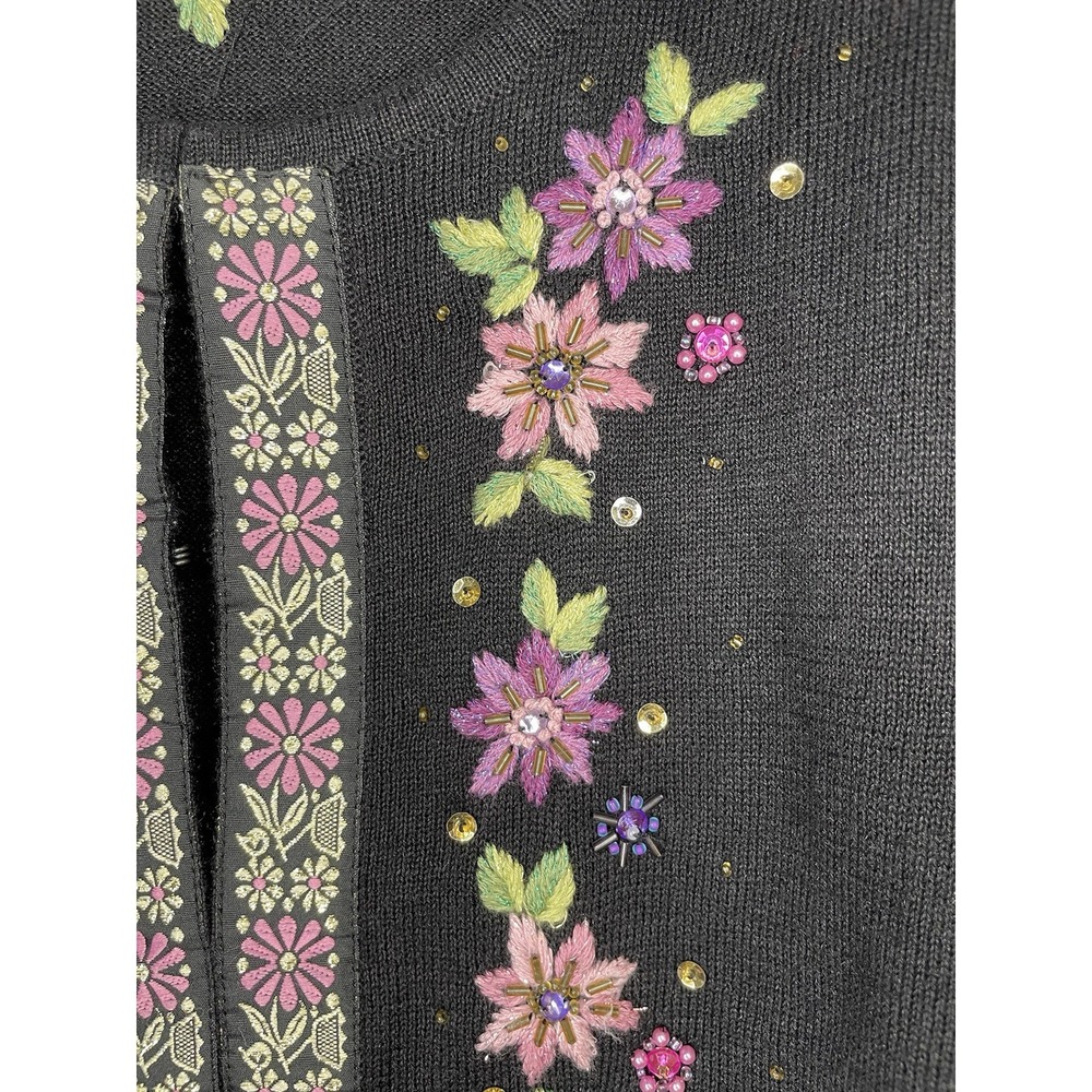Vintage Jack‎ B. Quick Size PS Black Embroidered Flowers Sweater Sequin Beads - Picture 3 of 7